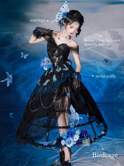 Black & Blue Butterfly Print Off-the-shoulder Lolita Dress+Skirt+Birdcage Petticoat+Hairclips+Necklace+Earrings+Wrist Cuffs Set