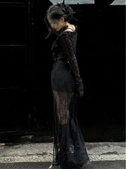 Clearance-Size S for Waist 66CM Black High Waist Punk Rock Thigh-high Slit Lace Skirt