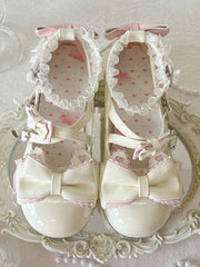 White Sweet Lolita Platform Mary Janes - Cat Ear Accents with Bow Details, Heart Snap & Ruffle Trim