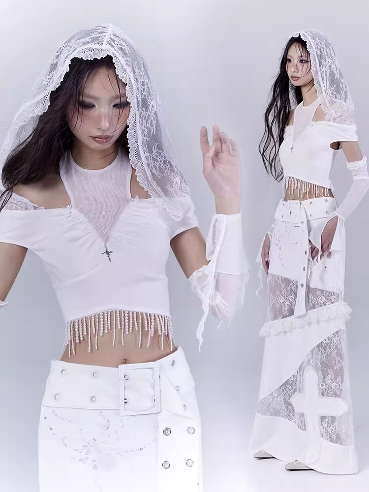 White Cutout Shoulder Beaded Tassel Hem Punk Cropped Top with Lace Hood