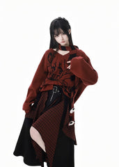 Red Striped  Pattern  Scarf with Panda Plushies