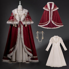 Beige Nun Lolita Juliette Sleeves Dress + Shimmer Red Embroidered Royal Cloak + Rope Accessory
