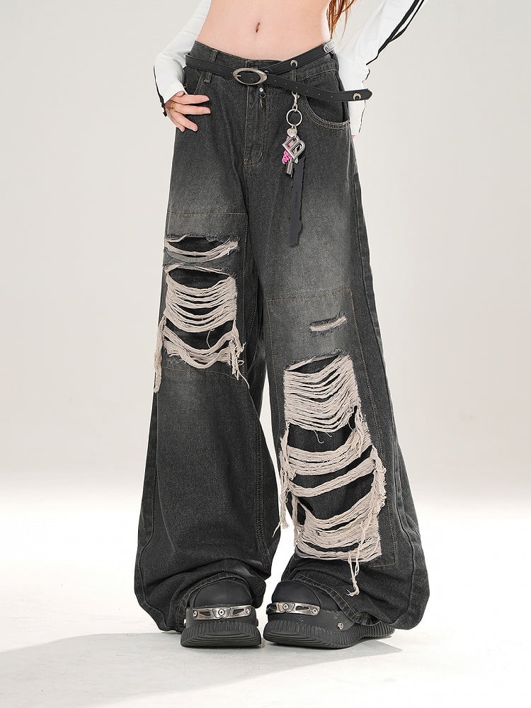 Vintage Black Wide-Leg Jeans with Distressed Detailing