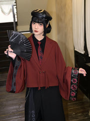 Red Cheongsam Crop Blazer with Golden Crow Print Wide Sleeves & Bead Buttons