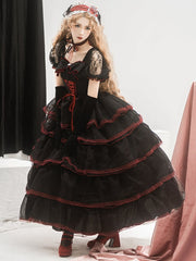 Plus Size Friendly Black and Red Corset Waist Princess Prom Dress Floor Length Tiered Lace Skirt