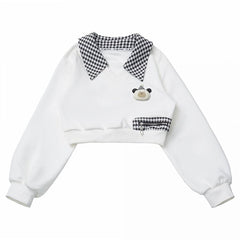 White Cropped Sweatshirt with Plaid Accents
