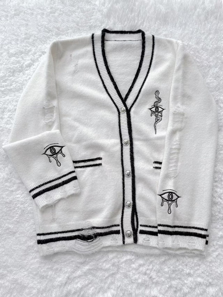White Distressed Holes Knit Cardigan with Eye and Snake Embroidery