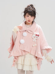 Pink Bow Collar Cape with Pompons and Cat Plushie