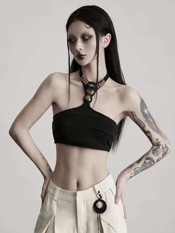 Urban Goth Black Camisole with Bead & Stone Braided Rope Decor