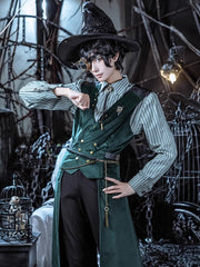 Steampunk Green & White Stripped Shirt With Black Rope Tie