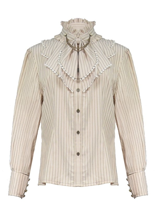 Steampunk Beige Ruffle Banded Collar Striped Shirt With Metal Chain and Buttons