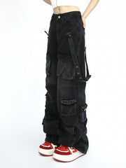 Vintage Distressed Jeans with Multiple Cargo Pockets and Denim Strap Design