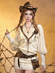 Vintage Punk Brown Rose Brooch with Antique Gold Key & Double Chains