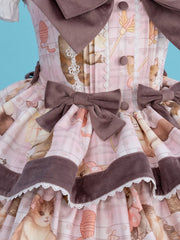 Adorable Fluffy Kitty Print Pink Sweet Dress Cat Ears Big Bow Bodice Lolita Jumper Skirt