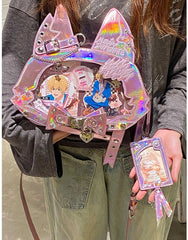 Kitty Ear Design Bowknot Studs Detail  Pink PU Tote Ita Bag with  Free Card Holder