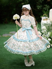 Natural Kei Floral and Bird Print Lolita Jumper Skirt with Waist Belt