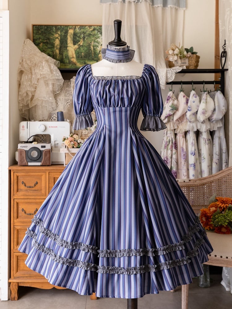 Dark Blue Striped Pattern Slim Fit Waist Retro Fashion Dress