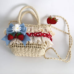 Red & Blue Crochet Crossbody Bag with Strawberry Details, Bow Accent & Ruffles Trim