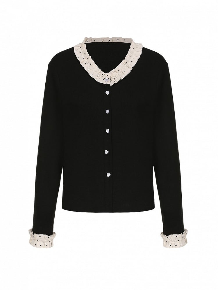 Plus Size Black Cardigan with Polka Dot Ruffle Trim & Heart Buttons