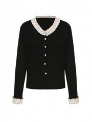 Plus Size Black Cardigan with Polka Dot Ruffle Trim & Heart Buttons