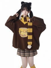 V-neck Coffee Honey Bear Print Loose Sweatshirt Drawstring Hem