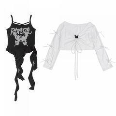 Y2K Black Cascading Ruffles Cami Top with White Coverup Set