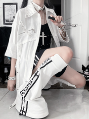 White Punk Short-Sleeve Shirt with Studded Collar & Asymmetrical Hem