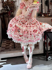 Pink Strawberry Cake Print Sweet Lolita Dress with Scalloped Edge Trim and Bow Accents