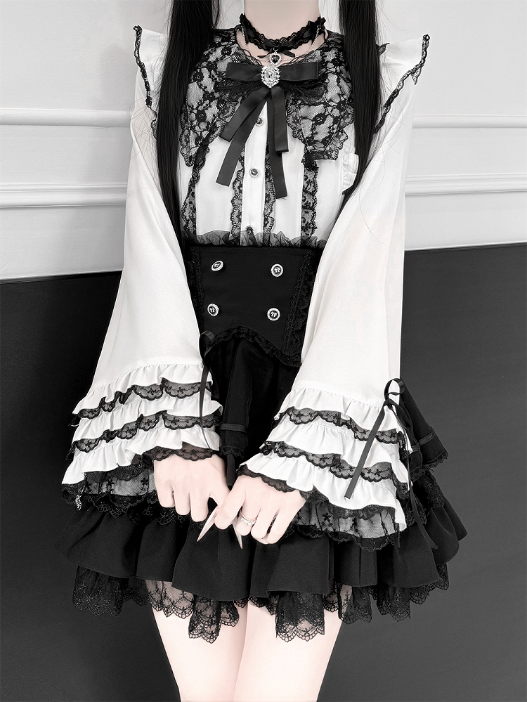 White Jirai Kei Lace Trim Bell Sleeves Blouse with Rhinestone Bow Tie