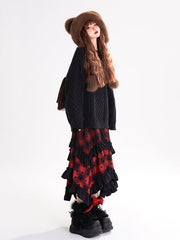 Plaid Pattern Red Handkerchief Hem Bowknots Skirt