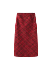 Red Plaid High-Waist Skirt with Back Slit & Side Zipper
