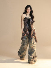 Spray Paint Print Cargo Pockets Zipper Details Blue Distressed Wide-Leg Jeans