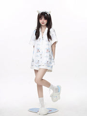 White Short Sleeve Pyjama Set with Puppy and Kitten Print