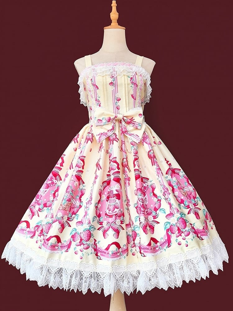 Yellow & Pink Strawberry Print Sweet Lolita JSK Dress with Heart shaped Lace Trim