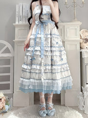 Short Version Blue & White Floral Print Layered Ruffles Elegant Classic Lolita Dress