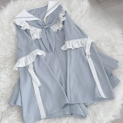 Light Blue Jirai Kei Full Set - Sailor Collor Detachable Sleeves Dress + Shorts + Free Scarf