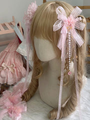 Sweet Lolita Pink Floral Bowknot Ribbon Hairclip With Pearl Chain