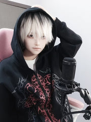 Gothic Thin/Thick Black Zip-Up Hoodie with Red Cross Print