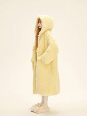 Yellow Winter Long Fleece Hooded Coat with Drawstrings