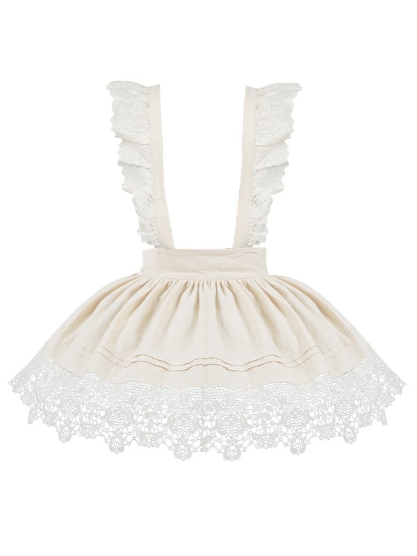 Beige Flower Lace Hemline Apron with Detachable Shoulder Straps