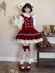 Red Sweet Winter Lolita Tiered Overall Dress + Bunny Ear Hairband