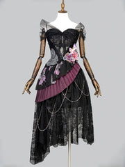 Black Lace Butterfly Print Off-the-shoulder Lolita Dress with Purple Flower Accents and Draped Chains