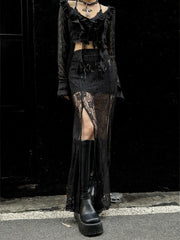 Clearance-Size S for Waist 66CM Black High Waist Punk Rock Thigh-high Slit Lace Skirt