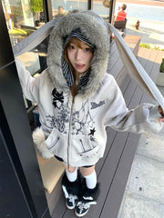 Y2K Khaki Rabbit Ear Hooded Jacket Zip-Up Hoodie for Spring