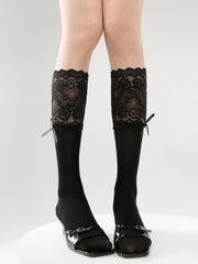 White/Light Gray/Black 30CM Lace Cuff Calf Socks with Bow Decoration