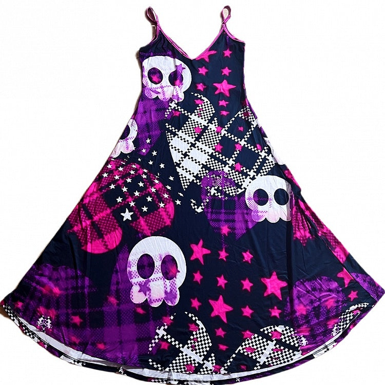 Kuro Kawaii Black Skeleton and Star Print Plaid Heart Pattern Cami Dress