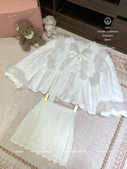 Vintage Luxe Frayed-Trim Wool Knit Top & Cable-Knit Skirt Set