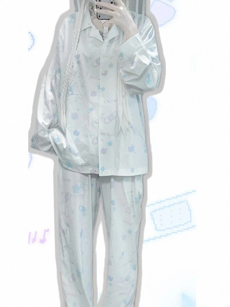 Yami Kawaii White Loungewear Set | Band-Aid & Kitten Print Top & Pants