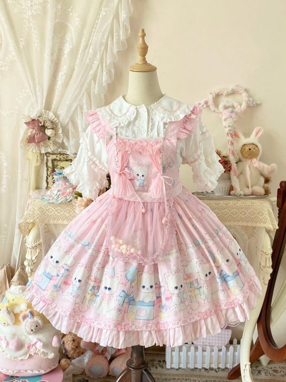Pink Kitty and Polka Dots Pattern Print Sweet Lolita Overall Dress