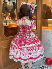 Red Strawberry Cake Print Sweet Lolita Dress with Scalloped Edge Trim and Bow Accents